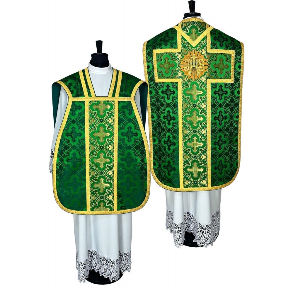 Ornat rzymski zielony + Stuła, Manipularz, Bursa i Welon na kielich (33K) - Ornaty rzymskie - Nowość