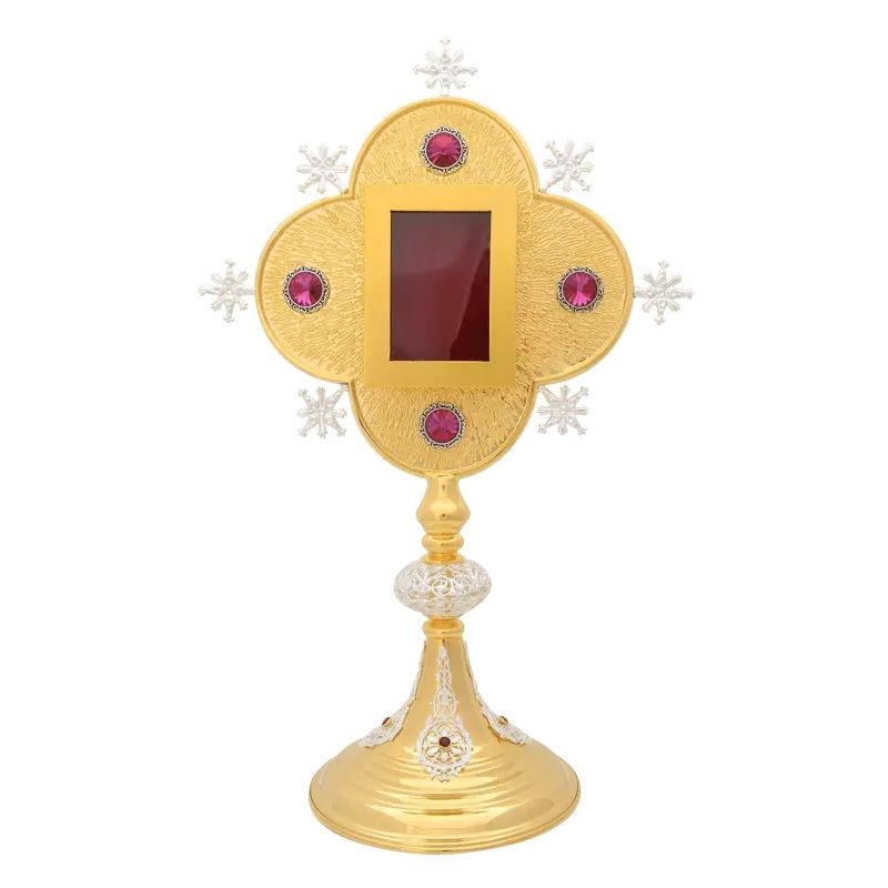 Relikwiarz pozłacany, ornamenty srebrzone, wysokość 42 cm (29) - RELIKWIARZE - Relikwiarz pozłacany, ornamenty srebrzone (29)