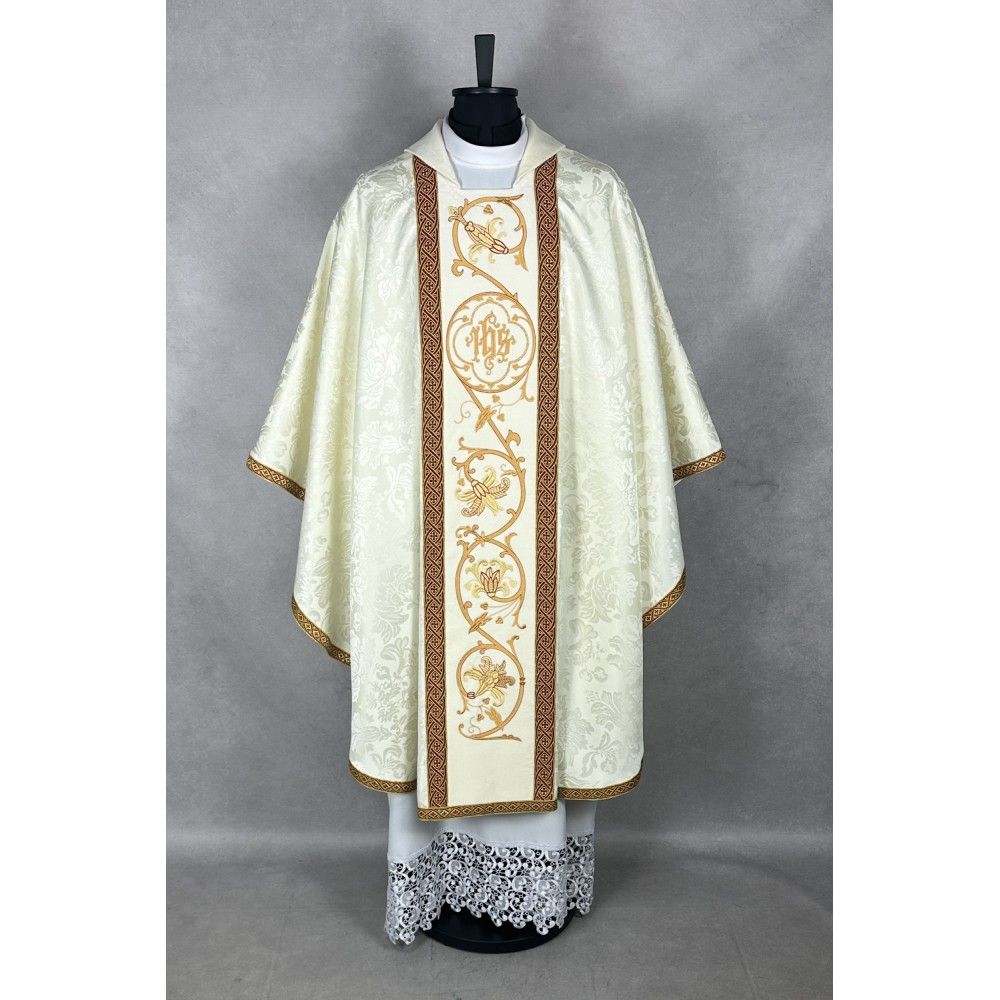 Ornat gotycki, haftowany IHS, tkanina żakard (10K) - Ornaty białe/ ecru - zdjęcie 2 - Ornat gotycki, haftowany IHS, tkanina żakard (10K)
