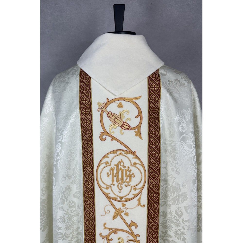 Ornat gotycki, haftowany IHS, tkanina żakard (10K) - Ornaty białe/ ecru - zdjęcie 4 - Ornat gotycki, haftowany IHS, tkanina żakard (10K)