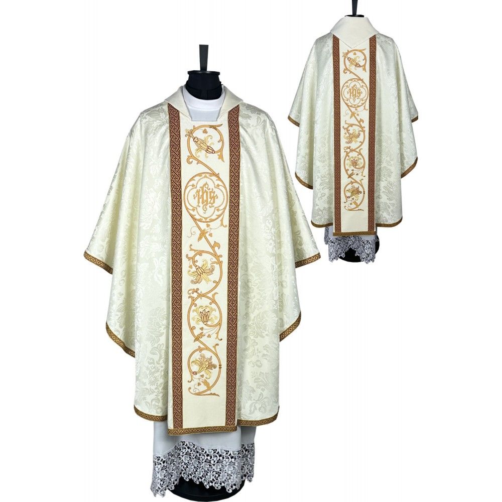 Ornat gotycki, haftowany IHS, tkanina żakard (10K) - Ornaty białe/ ecru - Nowość