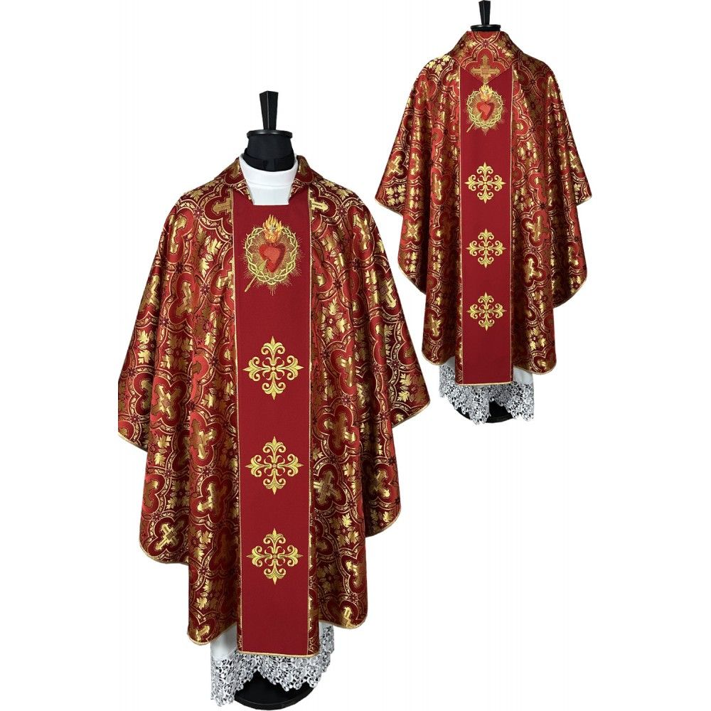 Ornat gotycki czerwony, haftowany Serce w Koronie (17K) - Ornaty czerwone - Nowość