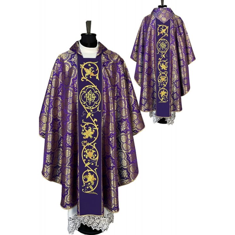 Ornat gotycki fioletowy, haftowany IHS (18K) - Ornaty fioletowe - Ornat gotycki fioletowy, haftowany IHS (18K)