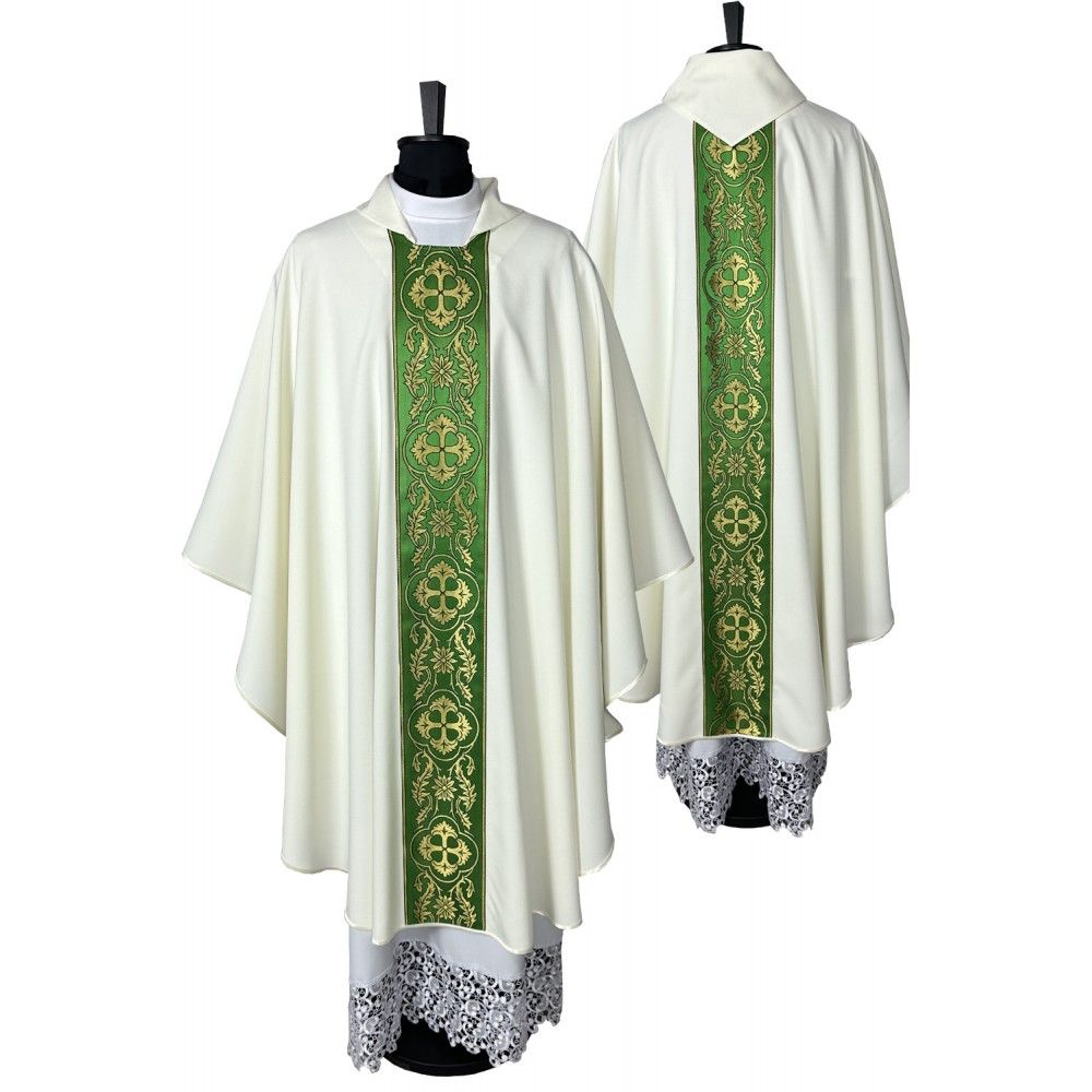 Ornat gotycki ecru z zielonym pasem tkanym (5K) - Ornaty do koncelebry - Nowość