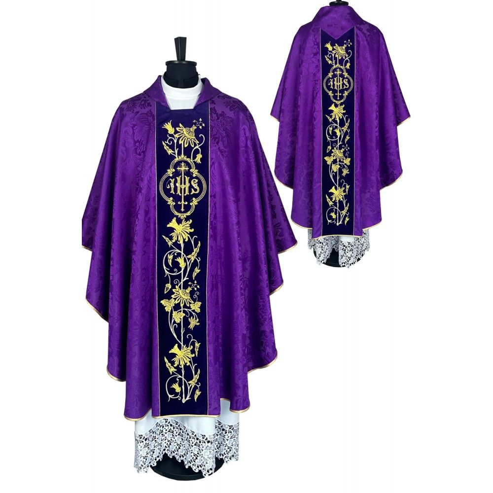 Ornat gotycki fioletowy, haftowany IHS (32K) - ORNATY NA WIELKI POST - Nowość