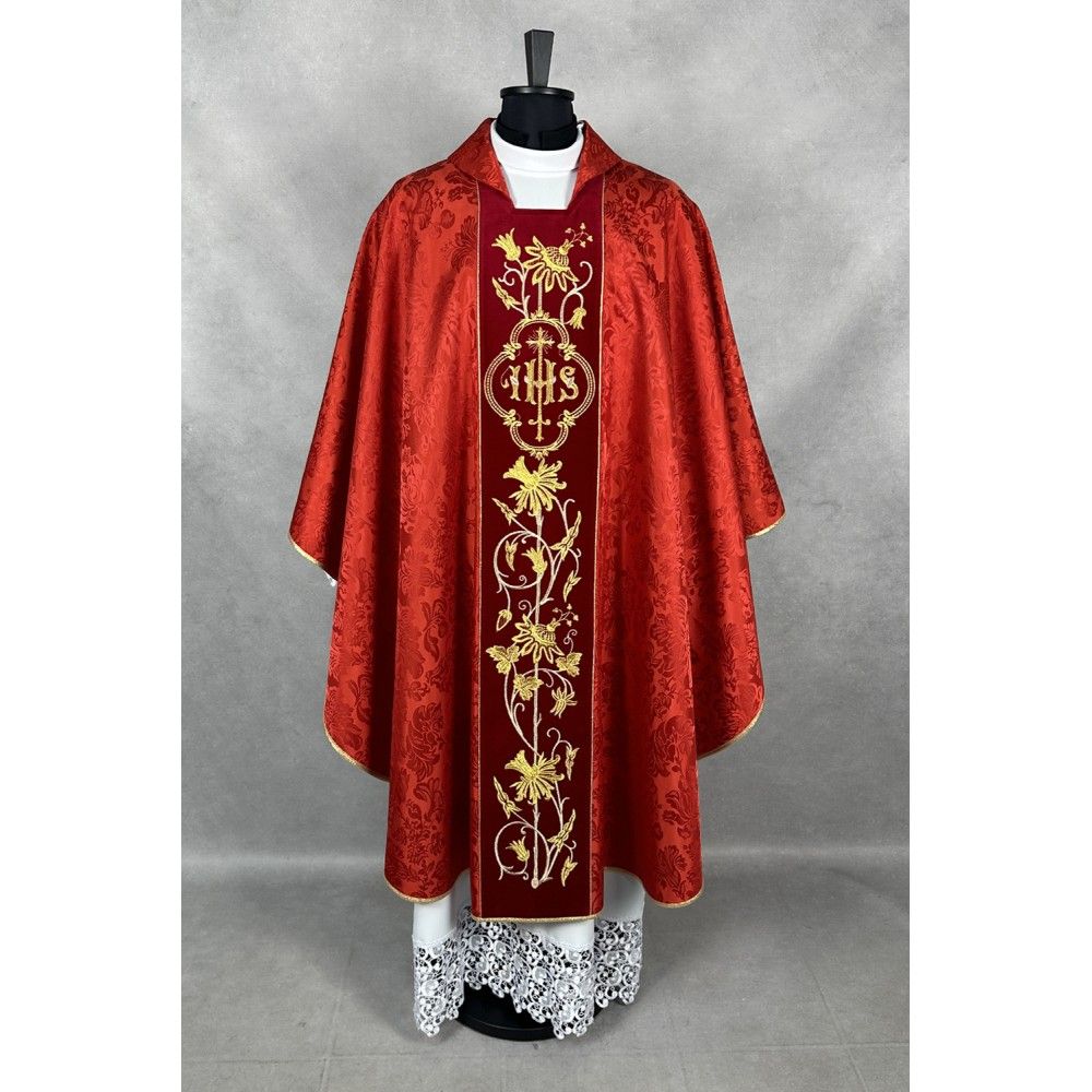 Ornat gotycki czerwony, haftowany IHS (33K) - ORNATY NA WIELKI POST - Nowość
