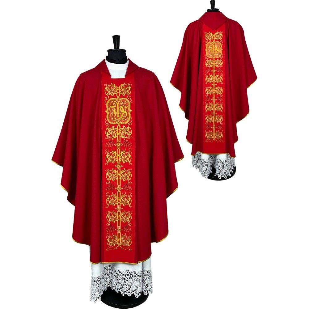 Ornat gotycki czerwony, haftowany IHS (34K) - ORNATY NA WIELKI POST - Nowość