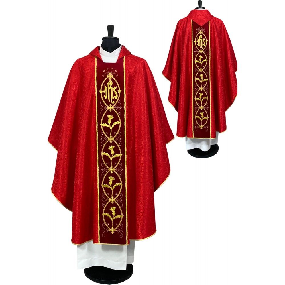 Ornat gotycki haftowany, czerwony, pas aksamit (58K) - Ornaty czerwone - Nowość