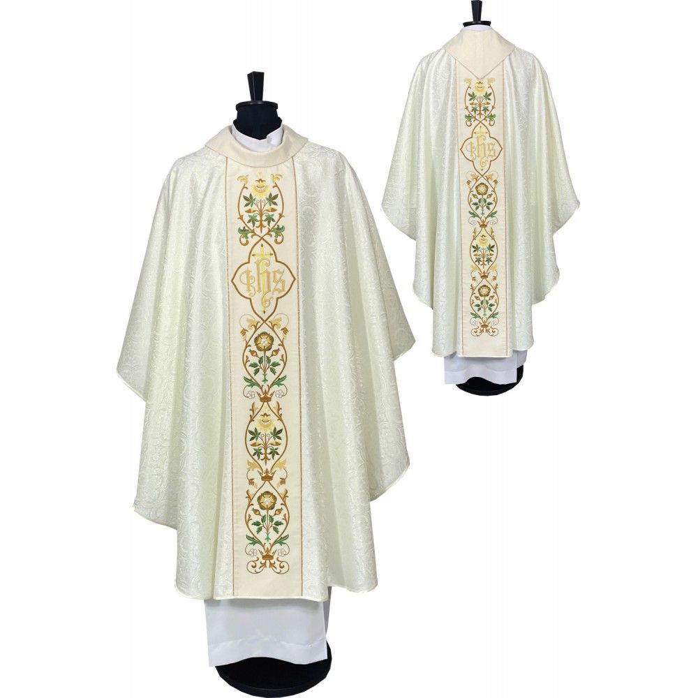 Ornat gotycki haftowany, ecru IHS (65K) - Ornaty białe/ ecru - Nowość
