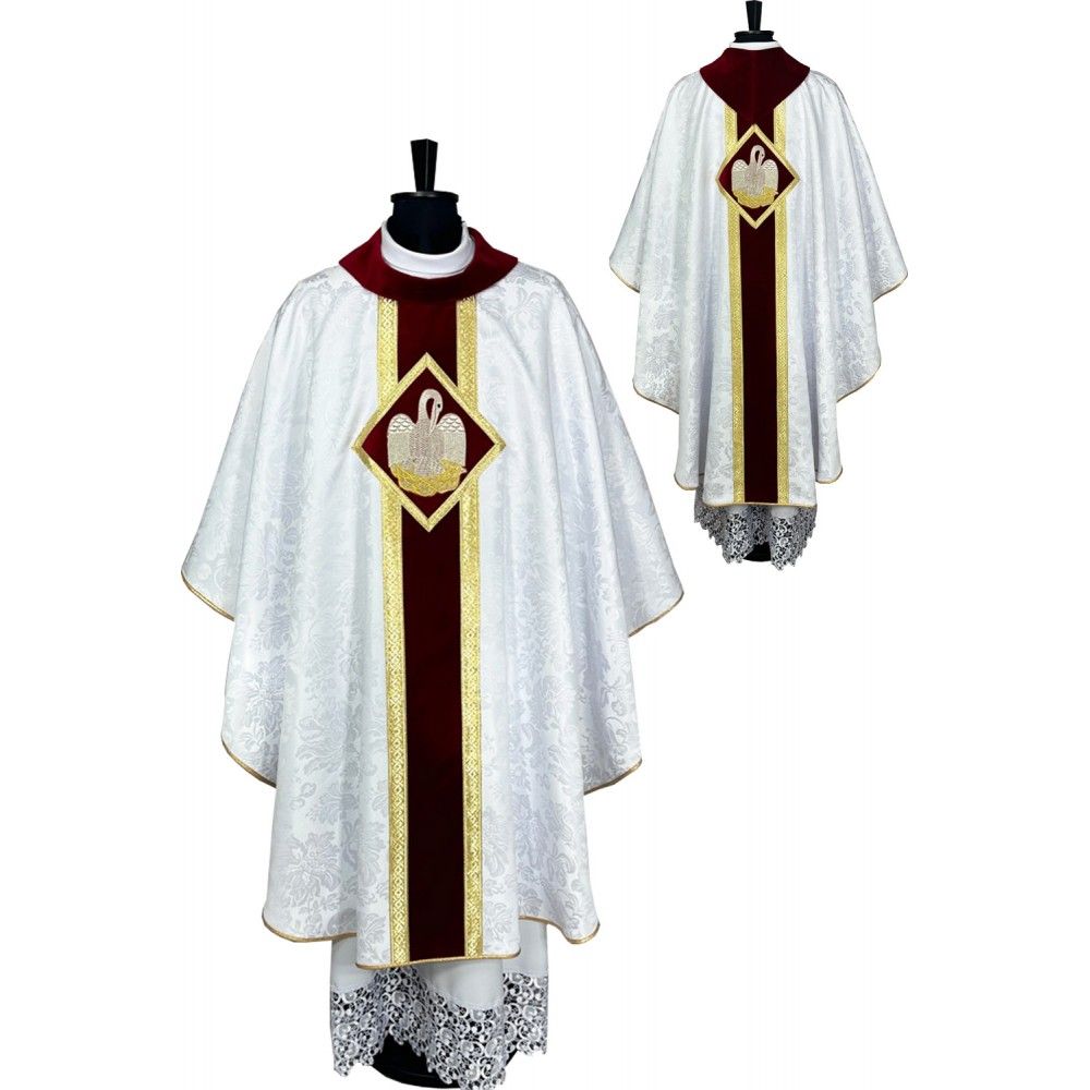 Ornat gotycki biały, aksamitny pas z haftem Pelikana (72K) - Ornaty białe/ ecru - Nowość