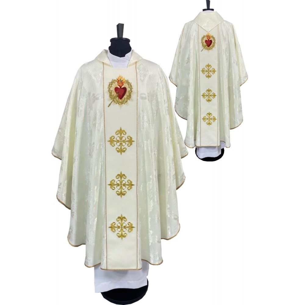 Ornat gotycki biały, haftowany - Serce w Koronie (77K) - Ornaty białe/ ecru - Nowość