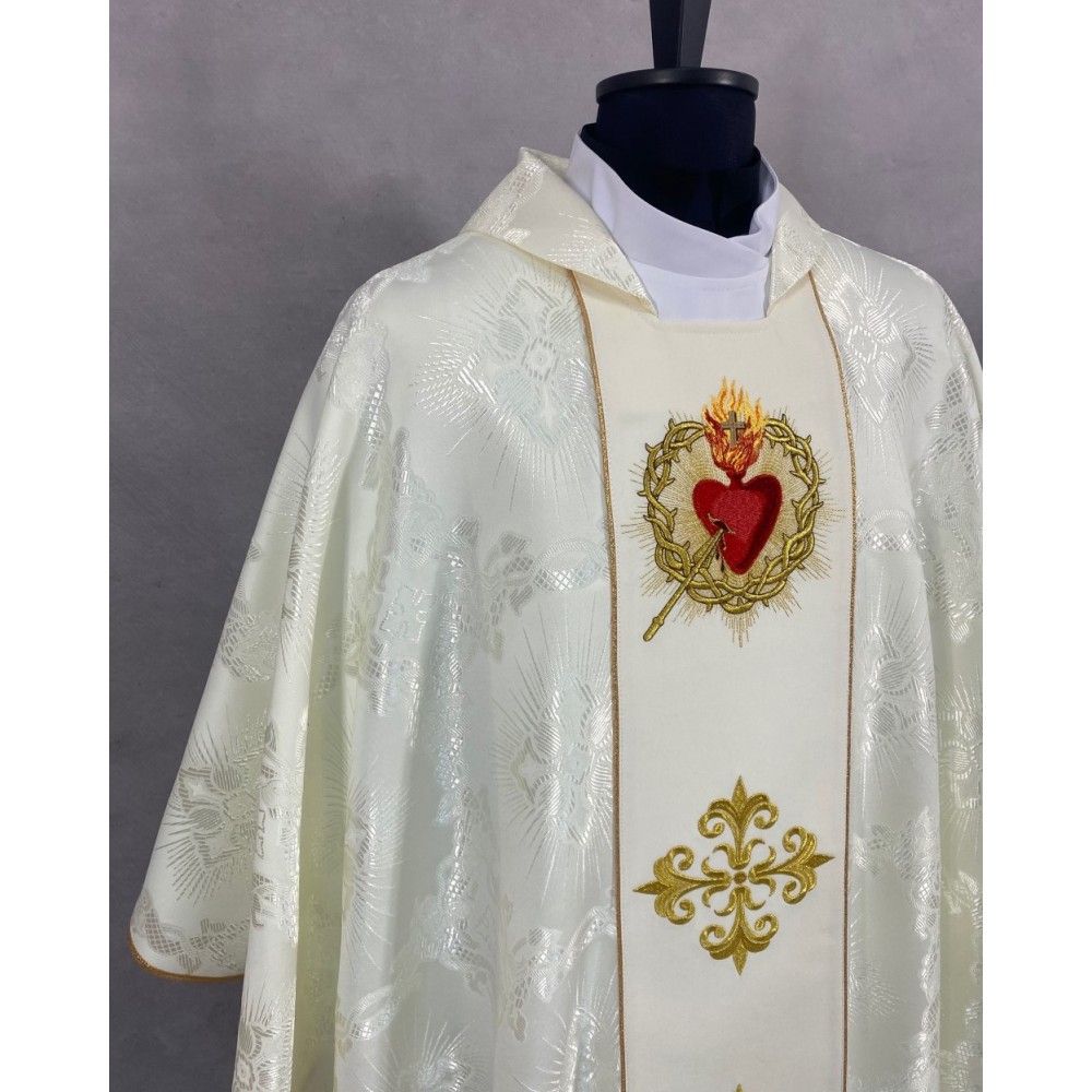 Ornat gotycki biały, haftowany - Serce w Koronie (77K) - Ornaty białe/ ecru - zdjęcie 2 - Ornat gotycki biały, haftowany - Serce w Koronie (77K)
