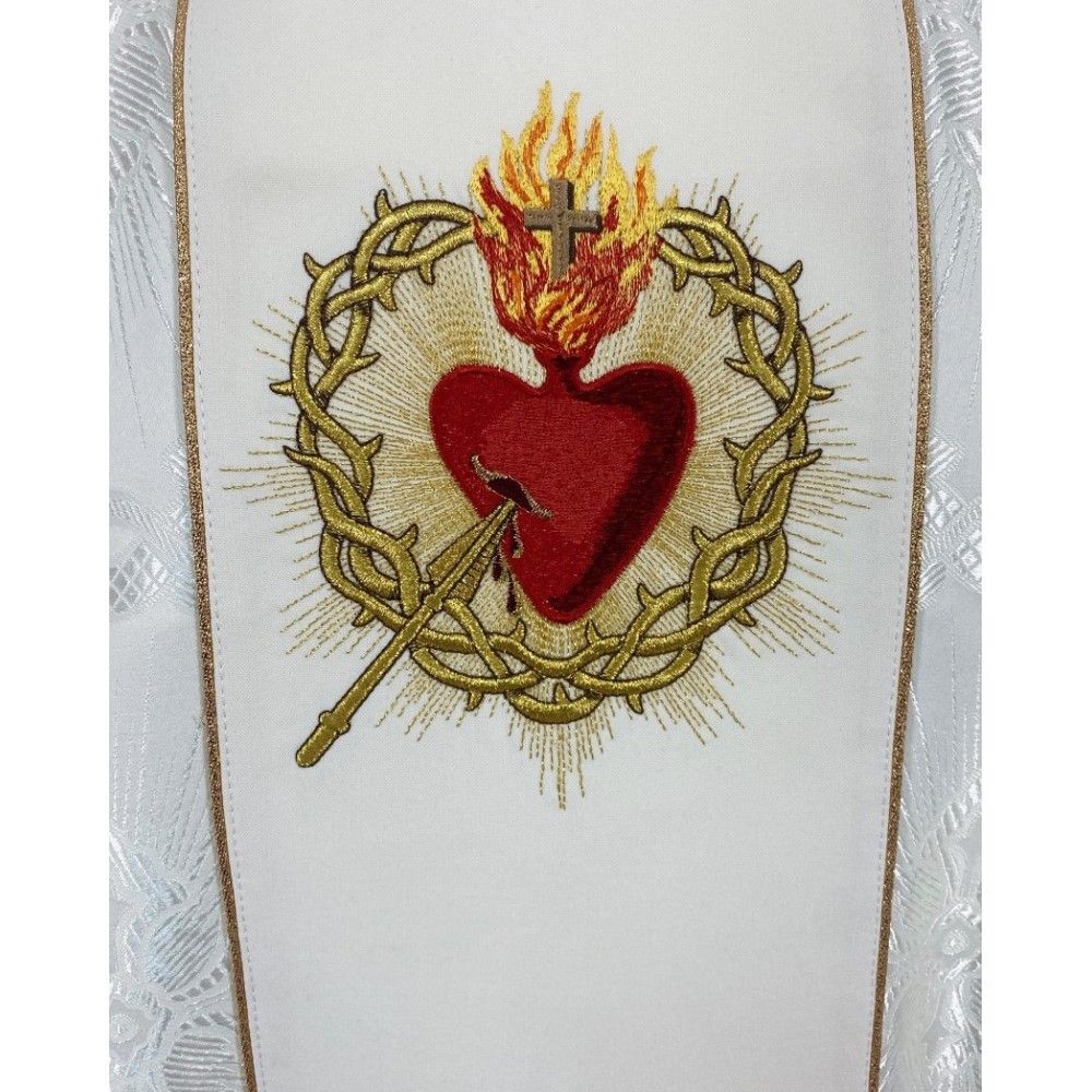 Ornat gotycki biały, haftowany - Serce w Koronie (77K) - Ornaty białe/ ecru - zdjęcie 3 - Ornat gotycki biały, haftowany - Serce w Koronie (77K)