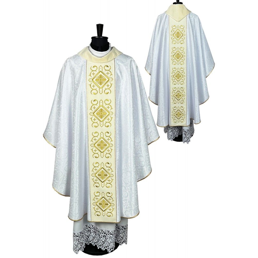 Ornat gotycki biały, haftowany, pas aksamit (80K) - Ornaty białe/ ecru - Nowość