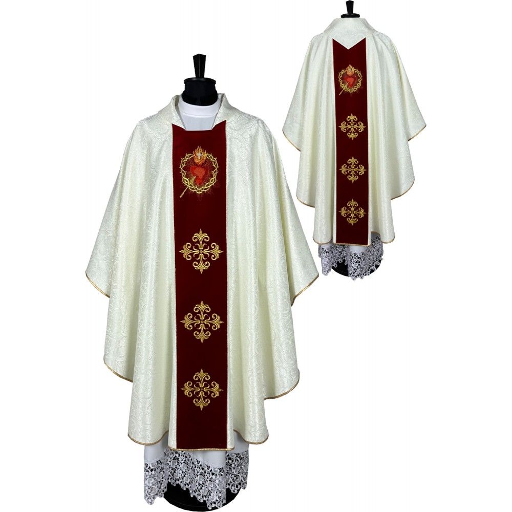 Ornat gotycki biały, haftowany, pas aksamit - Serce w Koronie (83K) - Ornaty białe/ ecru - Nowość