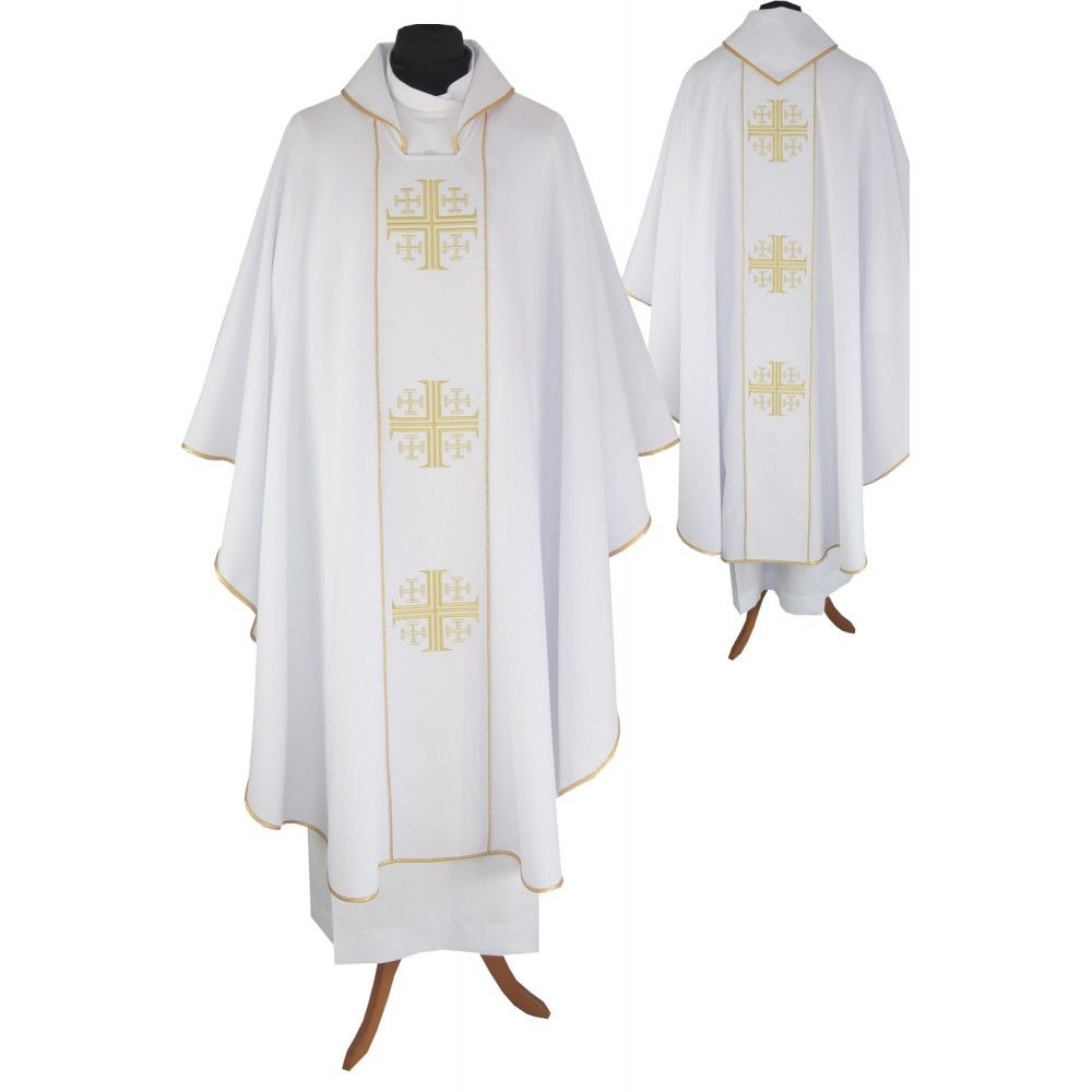 Ornat gotycki haftowany, biały - Krzyże Jerozolimskie (96K) - Ornaty białe/ ecru - Nowość