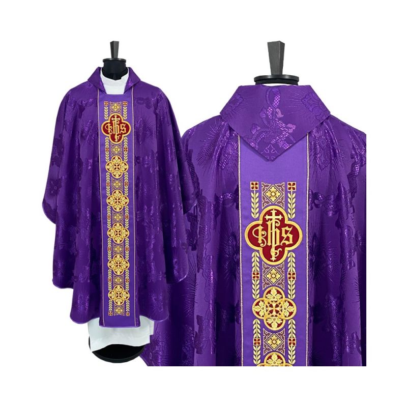 Ornat gotycki fioletowy, haftowany IHS (110K) - ORNATY NA WIELKI POST - Ornat gotycki fioletowy, haftowany IHS (110K)