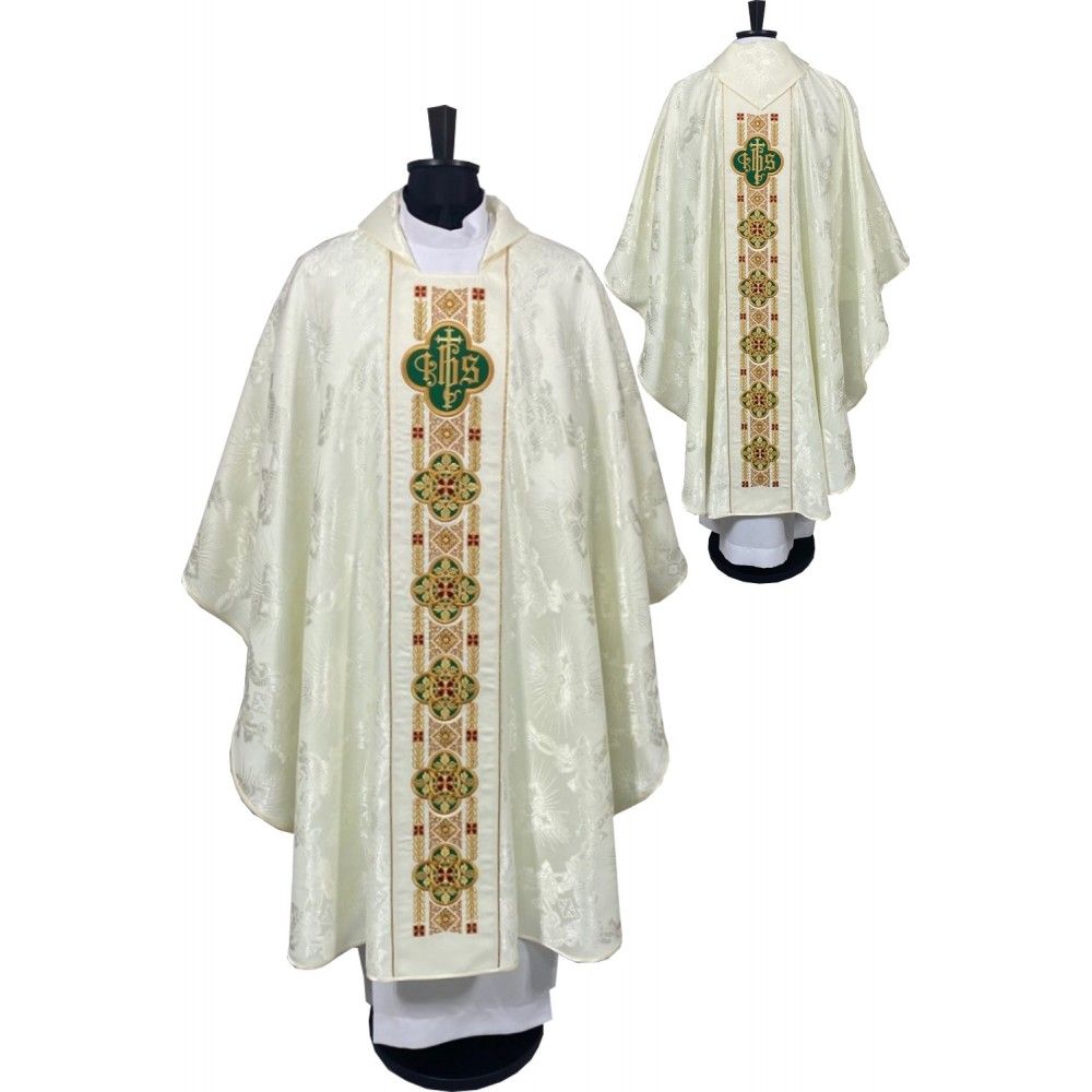 Ornat gotycki ecru, haftowany IHS (111K) - Ornaty białe/ ecru - Nowość