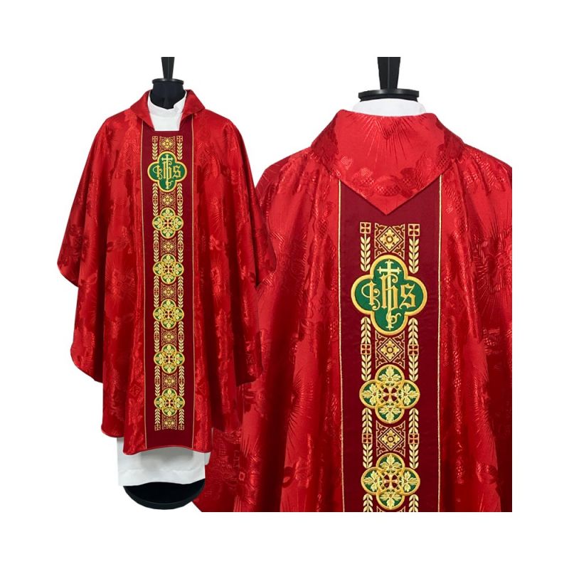 Ornat gotycki czerwony, haftowany IHS (112K) - ORNATY NA WIELKI POST - Ornat gotycki czerwony, haftowany IHS (112K)