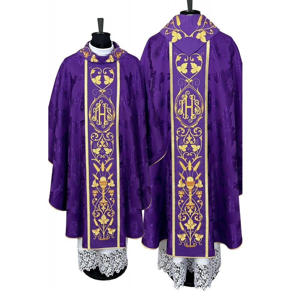 Ornat gotycki fioletowy, haftowany IHS (115K) - Ornaty fioletowe - Nowość