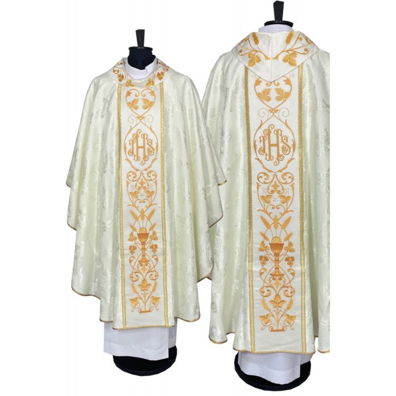 Ornat gotycki ecru, haftowany IHS (116K) - Ornaty białe/ ecru - Ornat gotycki ecru, haftowany IHS (116K)