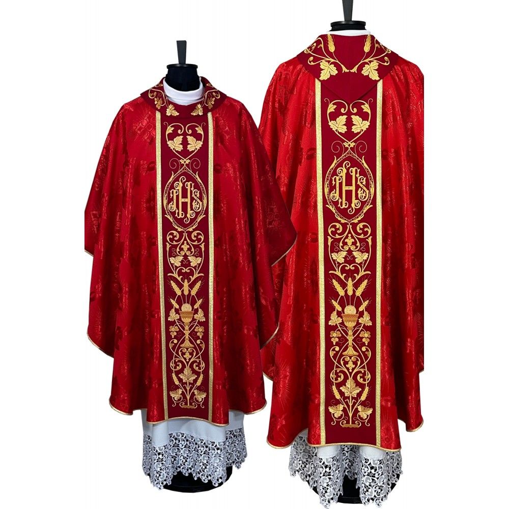 Ornat gotycki czerwony, haftowany IHS (117K) - Ornaty czerwone - Nowość