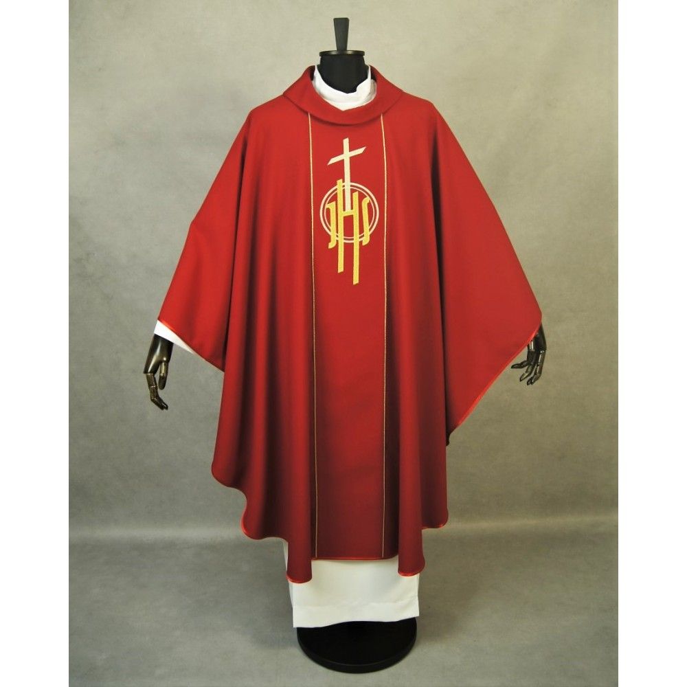 Ornat gotycki czerwony, haftowany IHS (122K) - Ornaty czerwone - Nowość