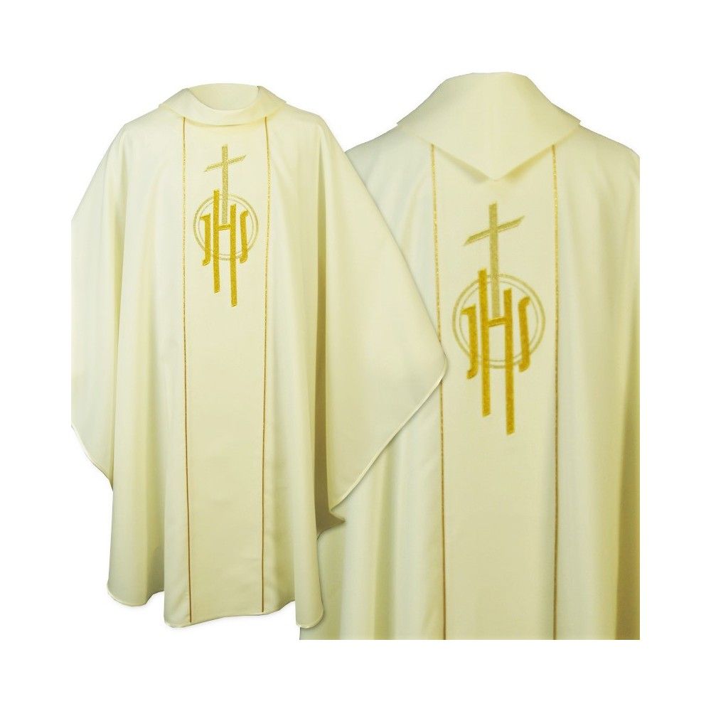 Ornat gotycki ecru, haftowany IHS (124K) - Ornaty białe/ ecru - Nowość
