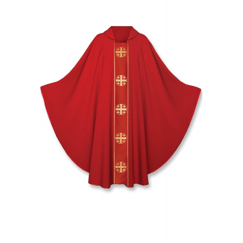 Ornat gotycki czerwony, pas tkany krzyże jerozolimskie (128K) - ORNATY NA WIELKI POST - Nowość