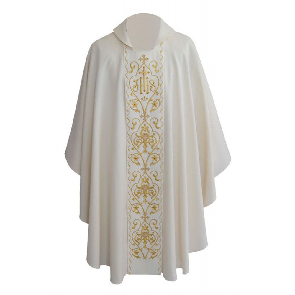 Ornat gotycki ecru, haftowany IHS, strecz (131K) - Ornaty białe/ ecru - Nowość