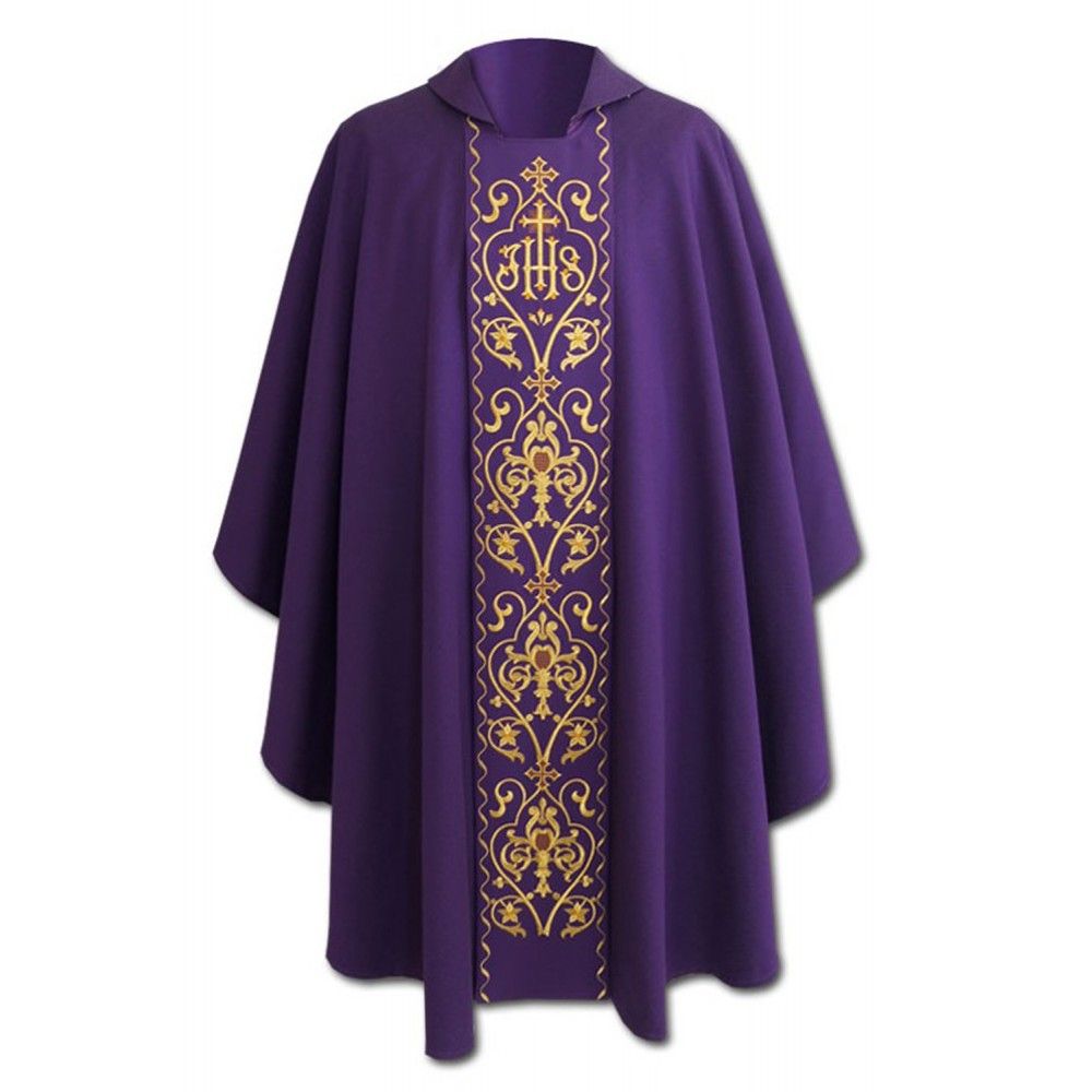 Ornat gotycki fioletowy, haftowany IHS, strecz (132K) - ORNATY NA WIELKI POST - Nowość