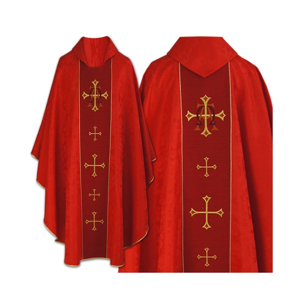 Ornat gotycki czerwony, haftowany Alfa i Omega (138K) - ORNATY NA WIELKI POST - Nowość
