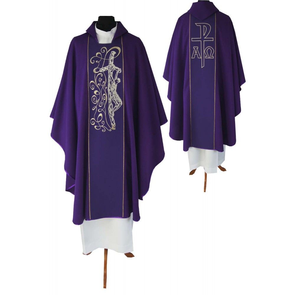 Ornat gotycki fioletowy, haftowany Chrystus na krzyżu (144K) - ORNATY NA WIELKI POST - Nowość