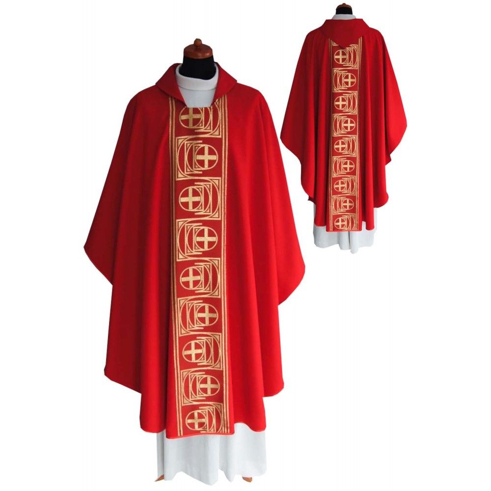Ornat gotycki czerwony, tkany pas Krzyż (147K) - ORNATY NA WIELKI POST - Nowość