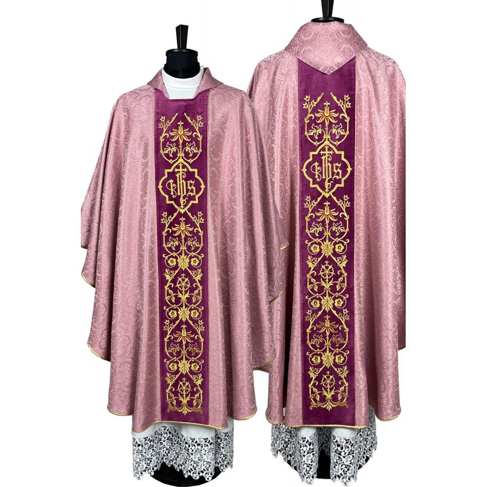 Ornat gotycki blady różowy, haftowany pas aksamit (149K) - ORNATY NA WIELKI POST - Nowość