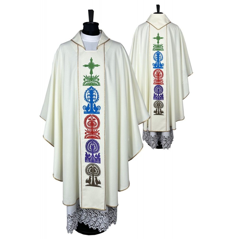Ornat gotycki wzór kurpiowski, haftowany, materiał strecz (160K) - Ornaty białe/ ecru - Nowość