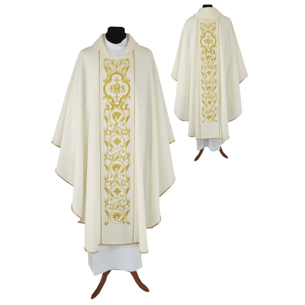 Ornat gotycki ecru, motyw IHS, tkanina gładka (189K) - Ornaty białe/ ecru - Nowość