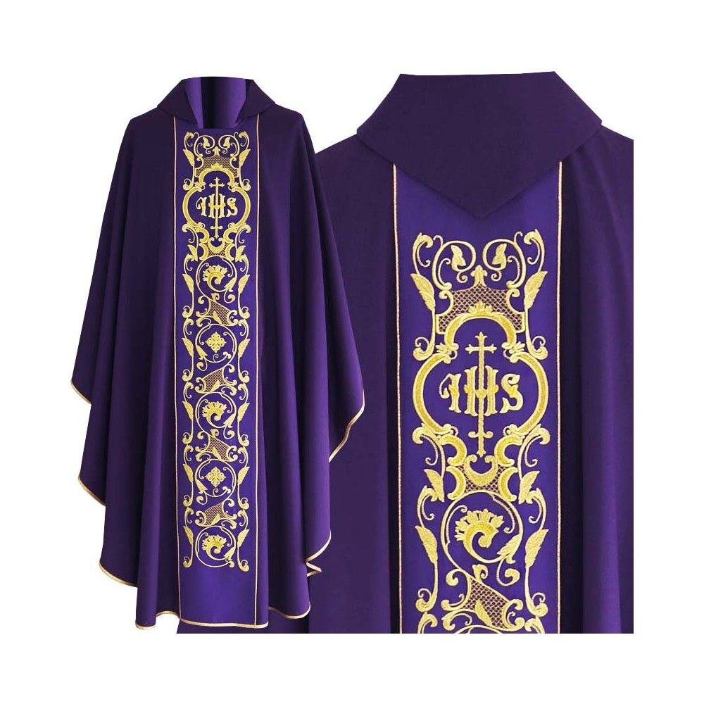 Ornat gotycki fioletowy, motyw IHS, tkanina gładka (190K) - ORNATY NA WIELKI POST - Nowość