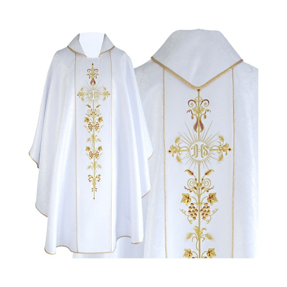 Ornat gotycki biały, tkanina żakardowa, pas haftowany (196K) - Ornaty białe/ ecru - Nowość