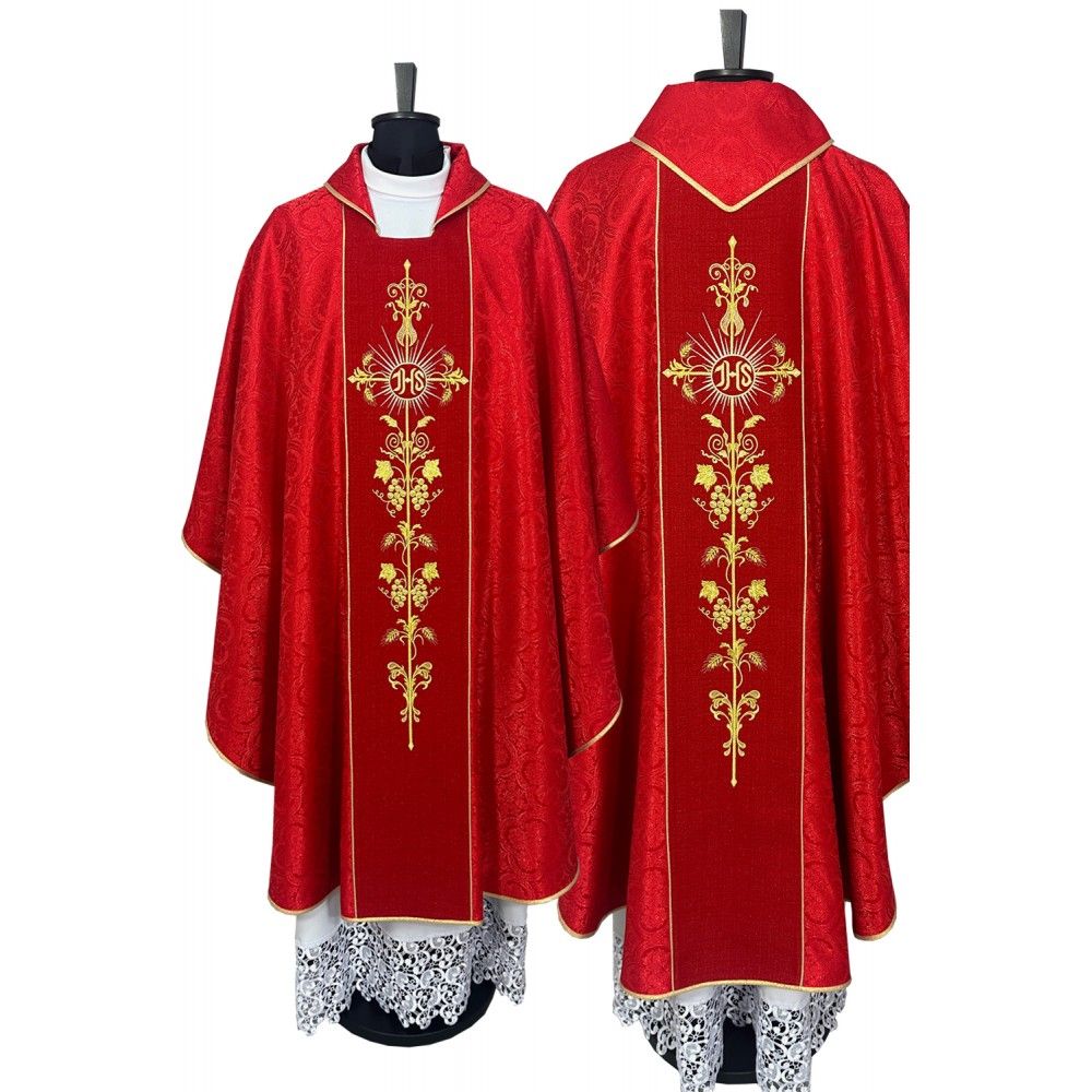 Ornat gotycki czerwony, tkanina żakardowa, pas haftowany (197K) - ORNATY NA WIELKI POST - Nowość