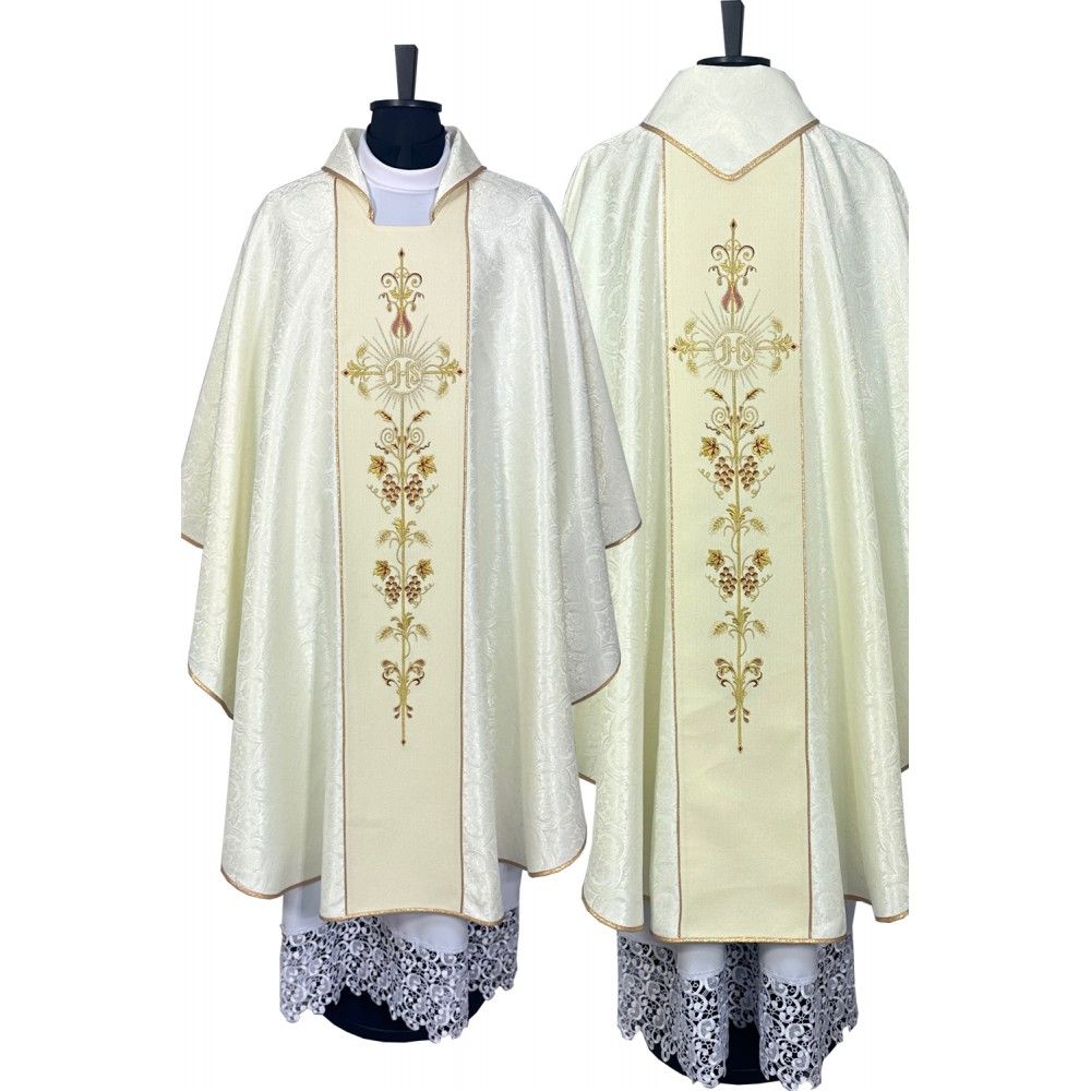 Ornat gotycki ecru, tkanina żakardowa, pas haftowany (198K) - Ornaty białe/ ecru - Nowość