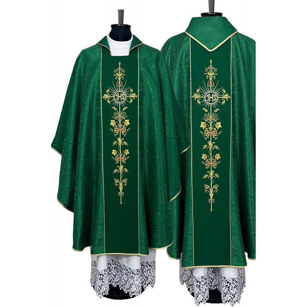 Ornat gotycki zielony, tkanina żakardowa, pas haftowany (200K) - Ornaty zielone - zdjęcie 2 - Ornat gotycki zielony, tkanina żakardowa, pas haftowany (200K)