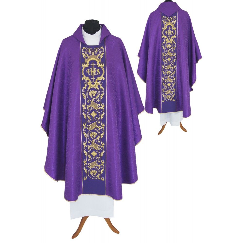 Ornat gotycki fioletowy, tkanina żakardowa, pas haftowany (202K) - ORNATY NA WIELKI POST - Nowość