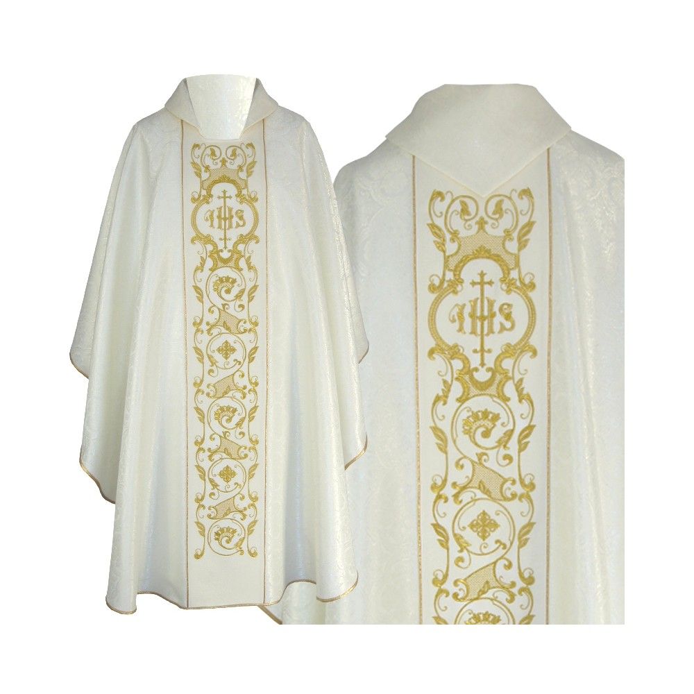 Ornat gotycki ecru, tkanina żakardowa, pas haftowany (203K) - Ornaty białe/ ecru - Nowość