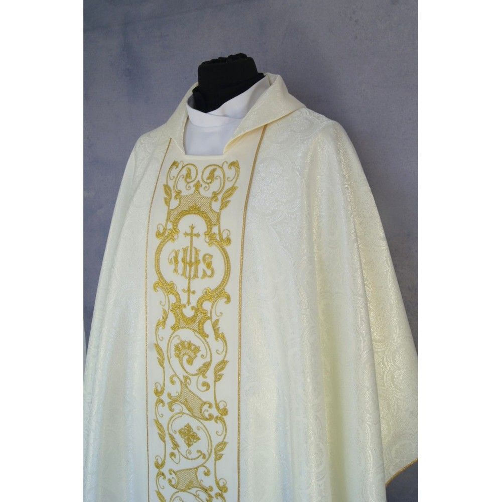 Ornat gotycki ecru, tkanina żakardowa, pas haftowany (203K) - Ornaty białe/ ecru - zdjęcie 2 - Ornat gotycki ecru, tkanina żakardowa, pas haftowany (203K)
