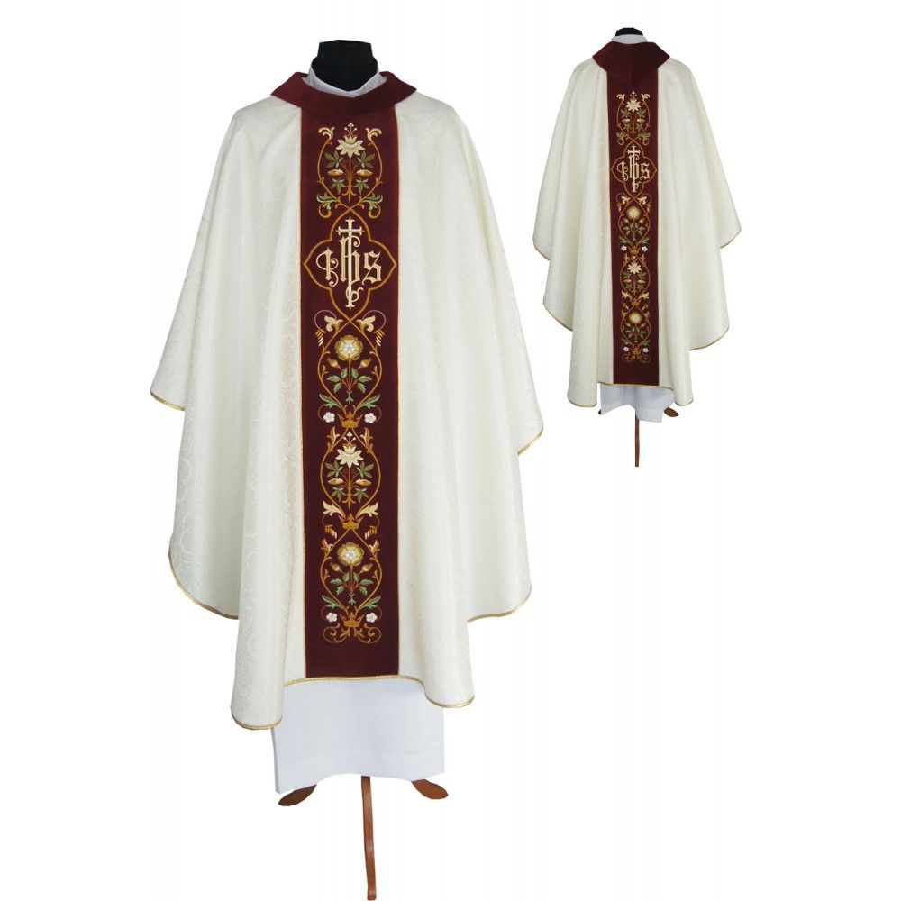 Ornat gotycki ecru, haftowany pas aksamit (207K) - Ornaty białe/ ecru - Nowość