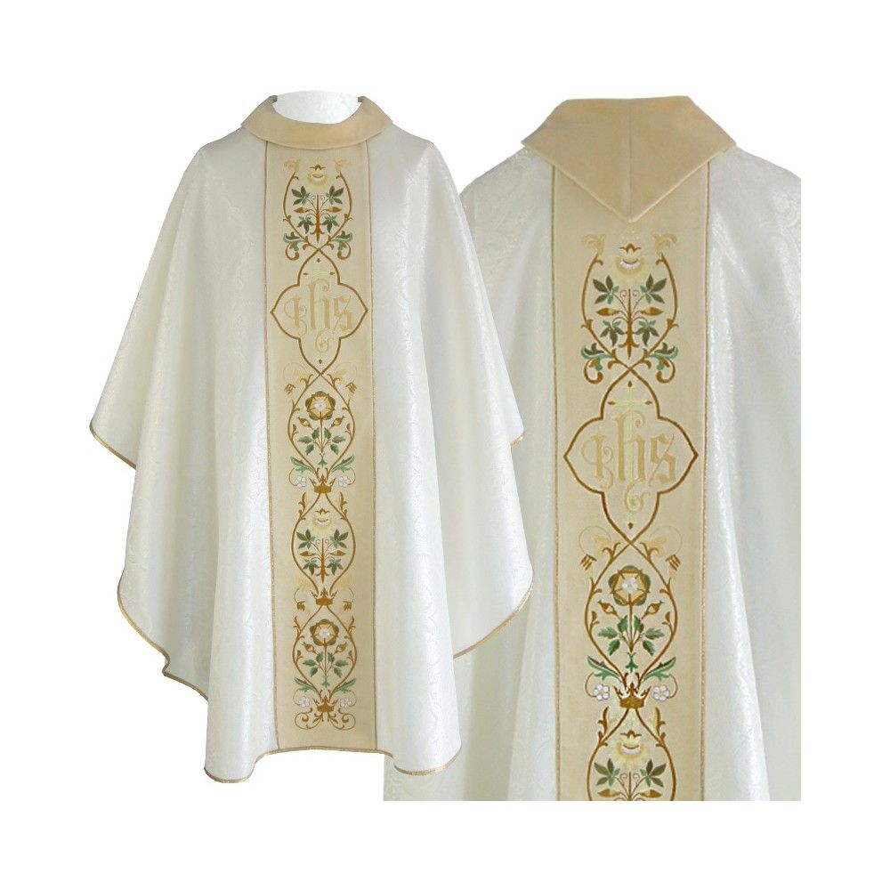 Ornat gotycki ecru, haftowany pas aksamit (213K) - Ornaty białe/ ecru - Nowość