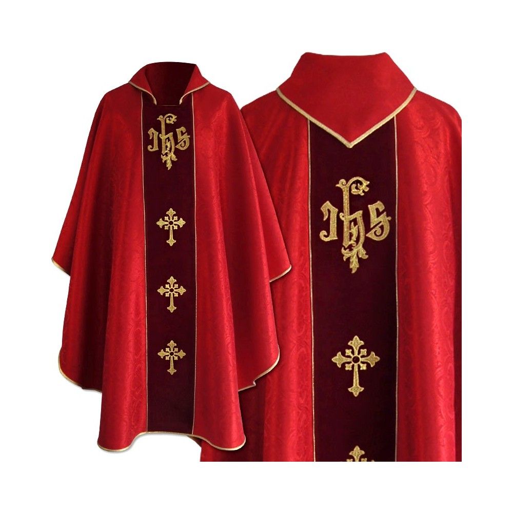 Ornat gotycki czerwony, tkanina żakardowa, aksamitny pas haftowany (214K) - ORNATY NA WIELKI POST - Nowość