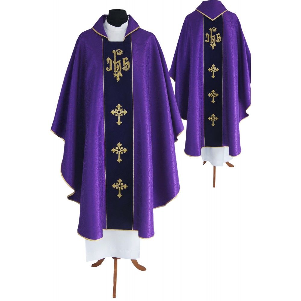 Ornat gotycki fioletowy, tkanina żakardowa, aksamitny pas haftowany (215K) - ORNATY NA WIELKI POST - Nowość