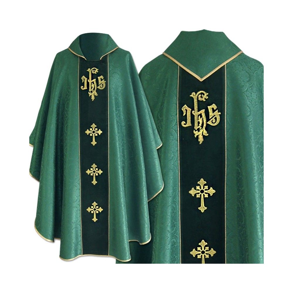 Ornat gotycki zielony, tkanina żakardowa, aksamitny pas haftowany (216K) - Ornaty zielone - Nowość